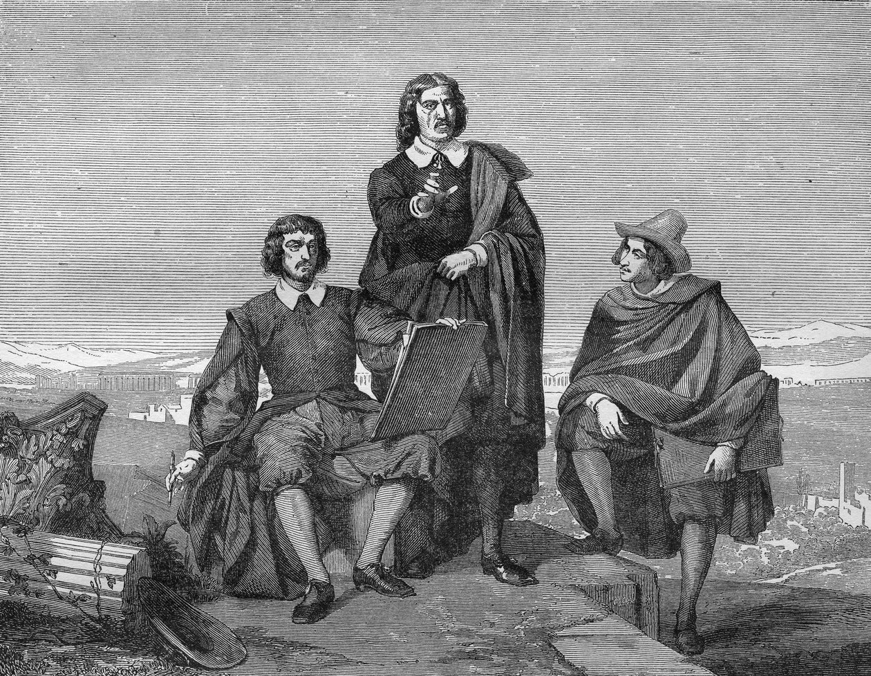 Claude Lorrain, Nicolas Poussin et Gaspard Dughet (le Guaspre Poussin) dans la région romaine. Gravure du 19ème siècle - Unknown artist