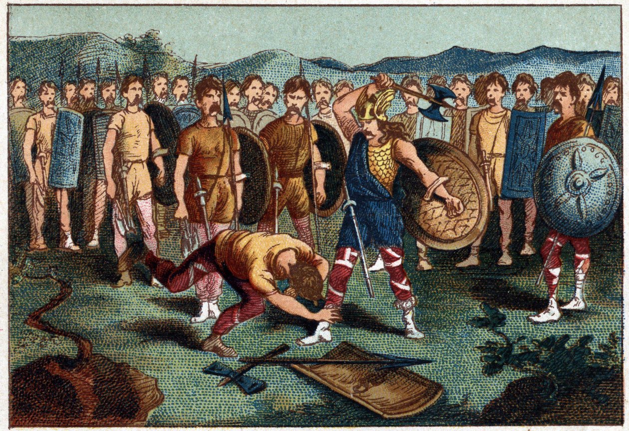 Clovis (465-511) et le guerrier franc qui a brisé le Vase de Soissons en 486 - Clovis Ier abattant le soldat qui avait brisé le Vase de Soissons, en 486. Chromolithographie du 19e siècle. - Unknown artist
