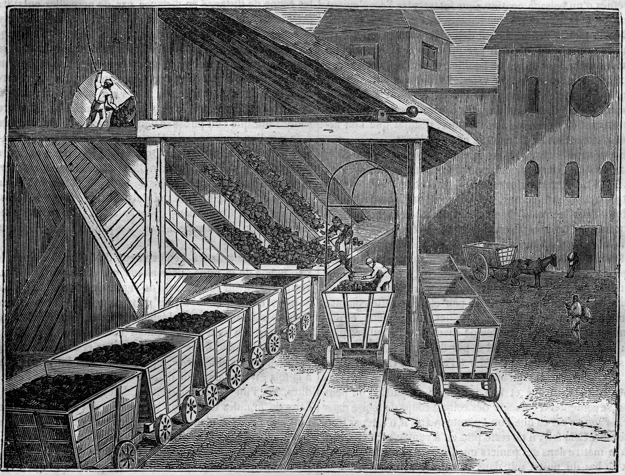 Mine de charbon : le charbon, extrait de la mine, est chargé à bord de chariots vers les fonderies, les trains et les navires. Dans « Le magasin pittoresque » 1835 - Unknown artist