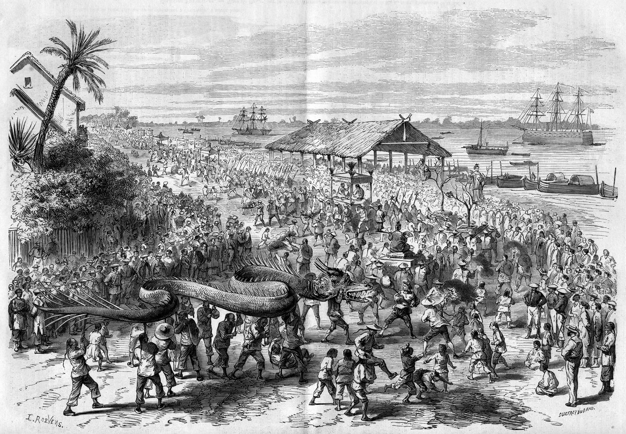 Cochinchine : procession annuelle du dragon organisée par la congrégation de Saigon en 1865 - Unknown artist