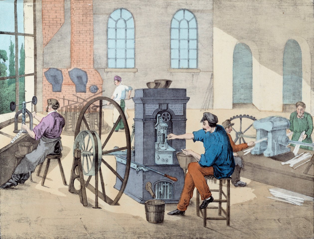 Fabrication de monnaie : ouvriers travaillant dans une usine à différentes étapes, moulage et frappe de pièces. Gravure du XIXe siècle Paris, arts décoratifs - Unknown artist