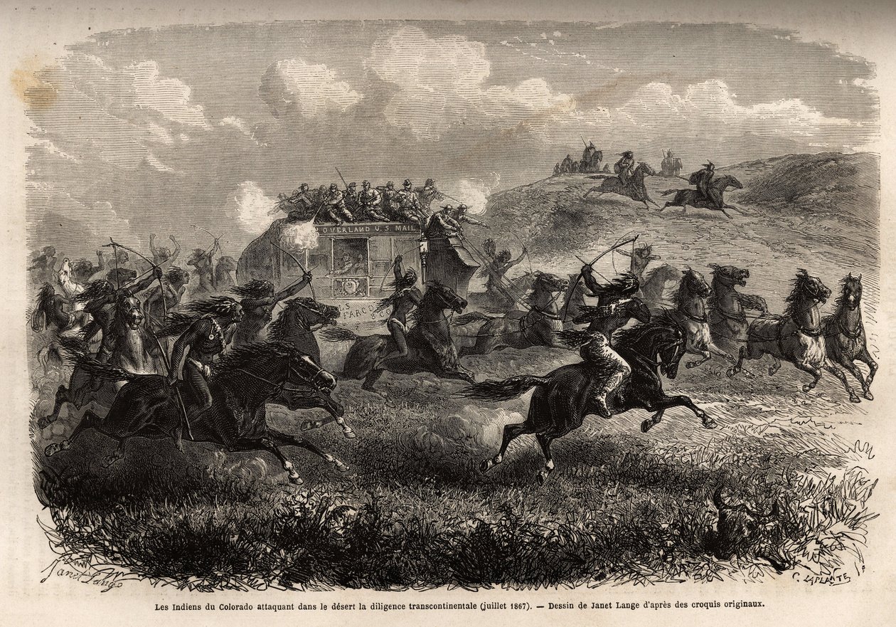 Attaque des Indiens du Colorado sur une diligence transcontinentale dans le désert en juillet 1867. Gravure pour illustrer le voyage au Far West américain, par M. L. Simonin, en 1867, publiée dans « Le tour du monde, nouveau journal des voyages », édité pa - Unknown artist