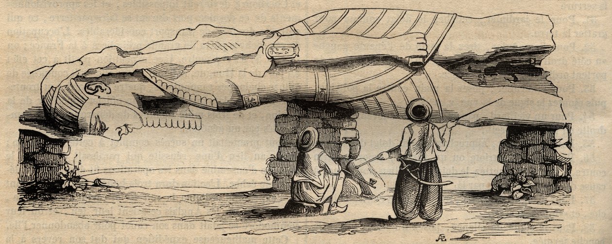 Colosse de Ramsès II découvert en 1820 près de la porte sud du temple de Ptah par le voyageur italien Giovanni Battista Caviglia - gravure de 1838 - Unknown artist