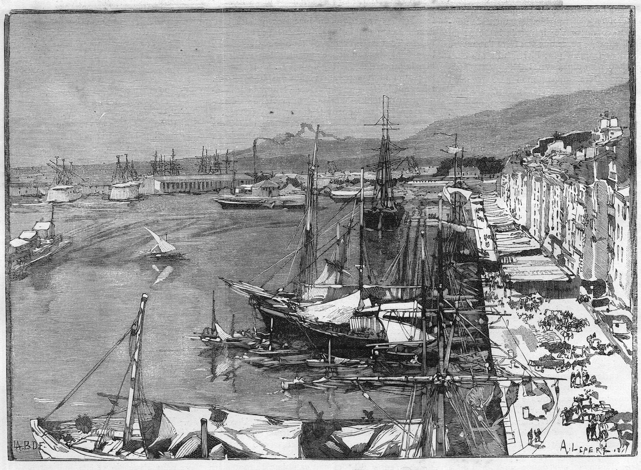Navire commercial et arsenal dans le port de Toulon (Var), France. Gravure dans "Le Monde Illustré" - Unknown artist