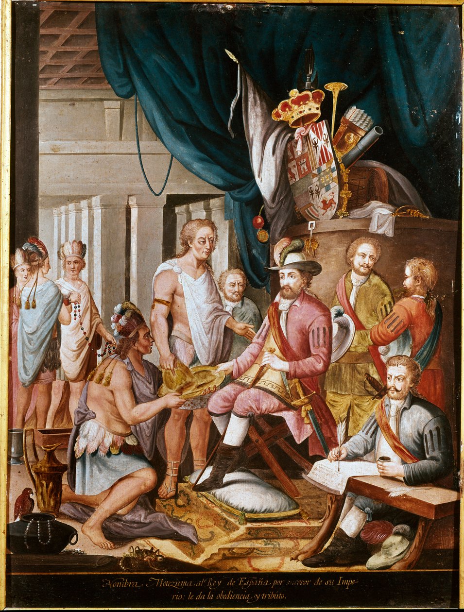 Conquête du Mexique : Montezuma (ou Moctezuma II), empereur aztèque (1466-1520) offre des présents au conquistador Hernan Cortez (ou Cortes) (1485-1547) et jure fidélité au Royaume d