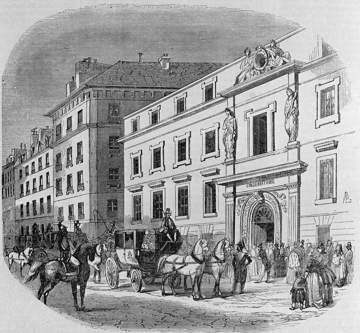 Conservatoire de musique de la rue du Faubourg Poissonnière à Paris : entrée de concert. Gravure de 1860 - Unknown artist