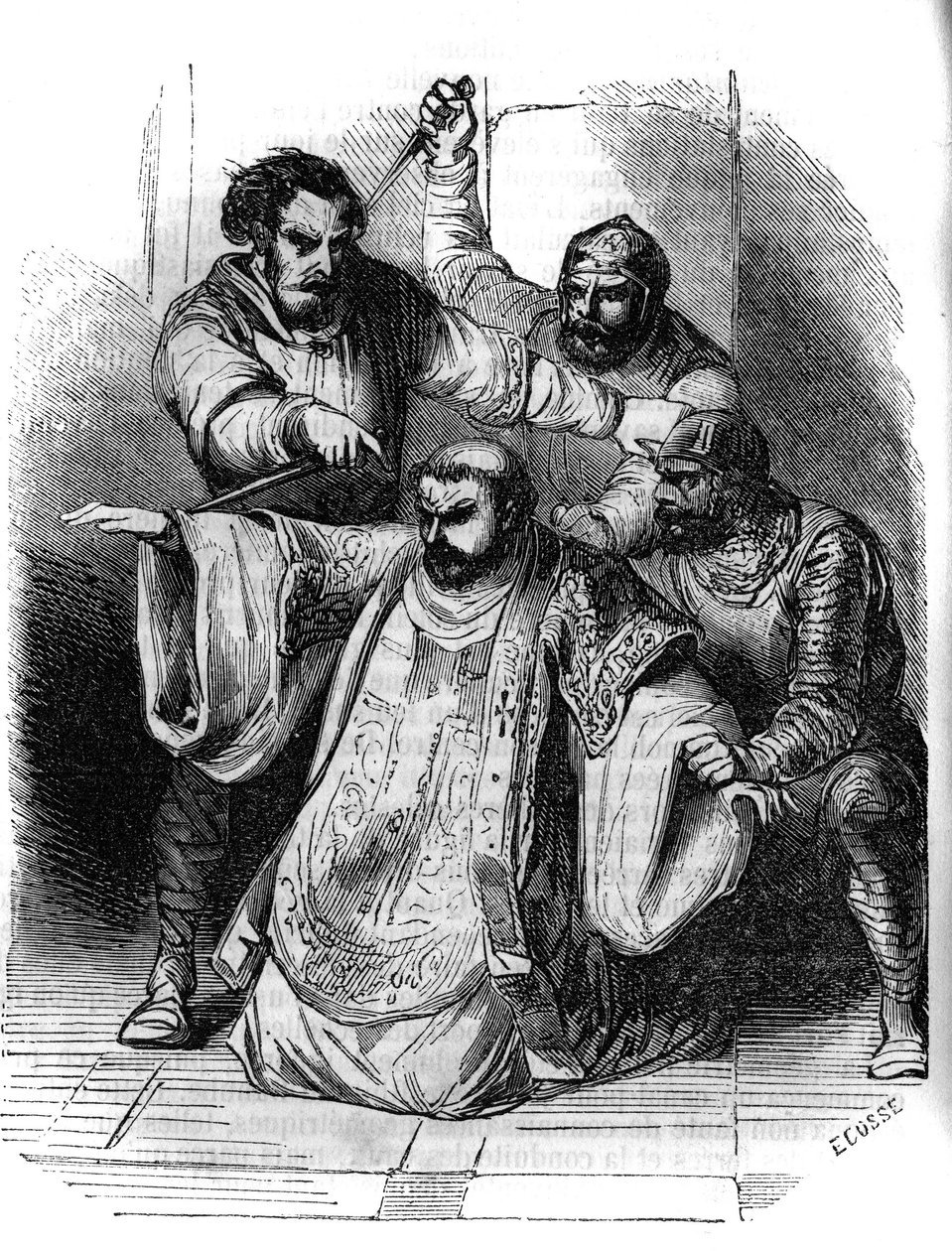 Conspiration contre Charlemagne, 792 : un seigneur surprend la conversation entre les conspirateurs planifiant le meurtre du roi des Francs. Parmi eux, Pépin le Bossu (769-811), fils de Charlemagne. Gravure du 19e siècle - Unknown artist