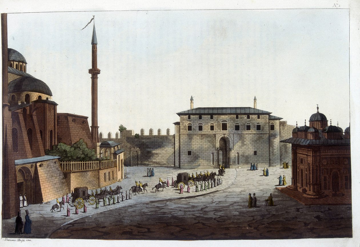 Constantinople : Porte du Sérail. Soliman le Magnifique fut le premier à y transporter toute sa cour et son harem, sauf ceux qui avaient vécu avec ses prédécesseurs. Dans « Le costume ancien et moderne - Unknown artist