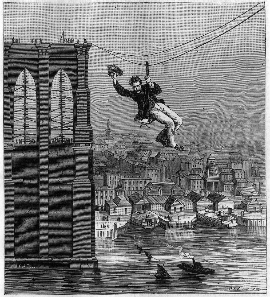 Construction du pont de Brooklyn à New York : M. Farrington, chef mécanicien de la construction, se déplaçant d
