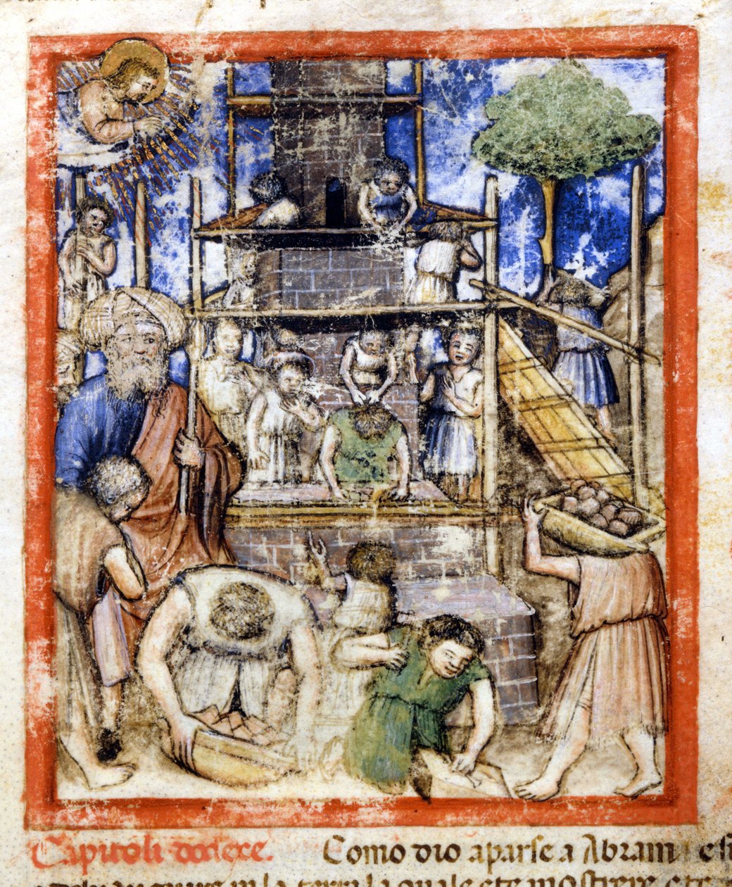 Construction de la tour de Babel. Miniature du codex 212 (ou padovano codice ou Bible de Padoue) 1390-1400 Rovigo, Accademia dei Concordi - Unknown artist