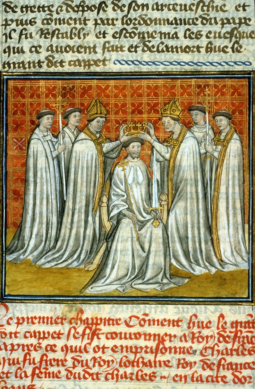 Couronnement de Hugues Capet (987) par Adalbéron (ca. 925-990), archevêque de Reims - Enluminure de manuscrit sur vélin du Moyen Âge « Grandes Chroniques de Saint-Denis » fin du 14e siècle - Unknown artist