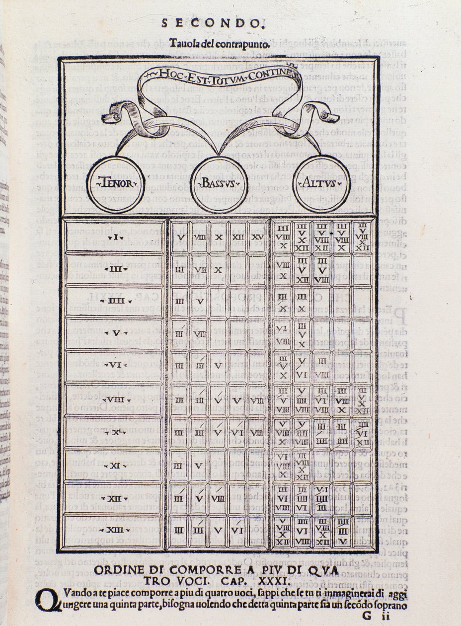 Table de contrepoint, expliquant la relation entre deux ou plusieurs voix harmoniquement interdépendantes (polyphonie). Page de Toscanello in musica - Unknown artist