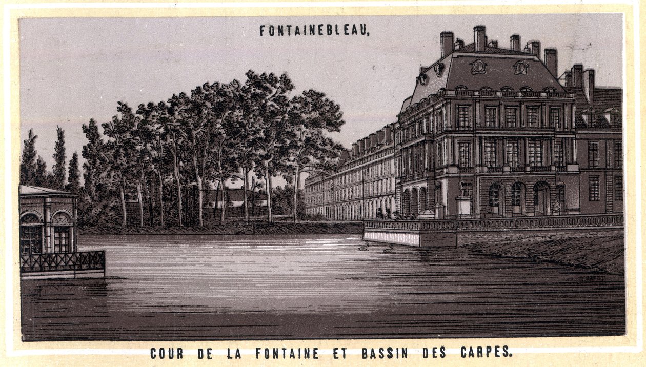 Cour de la fontaine et bassin des carpes de Fontainebleau (Seine-et-Marne, région Île-de-France). Chromolithographie de la fin du 19ème siècle - Unknown artist