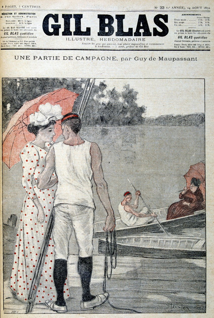 Couverture de « Gil Blas » illustrant « Une partie de campagne » par Guy de Maupassant. 14/08/1892 - Unknown artist