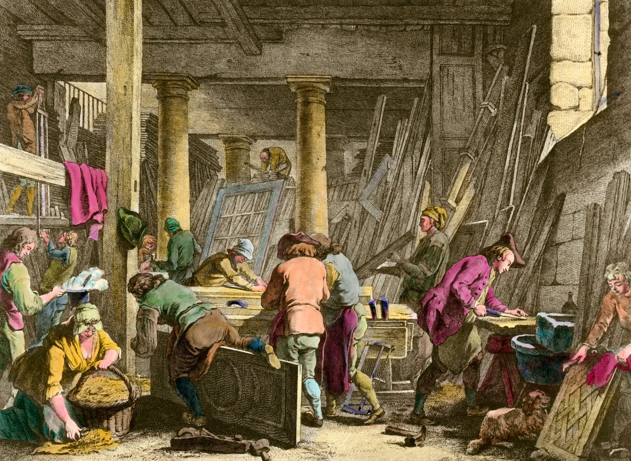 Métiers : « Atelier du Sieur Jadot menuisier » Ouvriers au travail au XVIIIe siècle. Gravure du XIXe siècle. Collection privée - Unknown artist