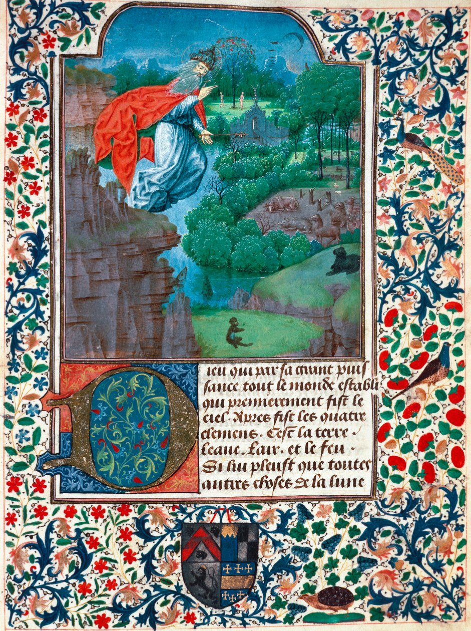Création, le septième jour : le Créateur survole son œuvre. Paysage avec des animaux. Miniature du Livre d