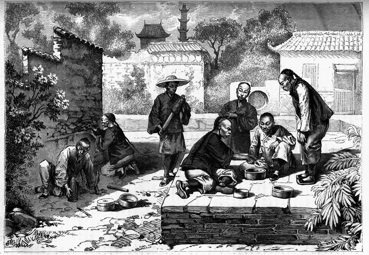 Combat de criquets à Pékin, Chine. Gravure dans « Le journal de la jeunesse » - Unknown artist