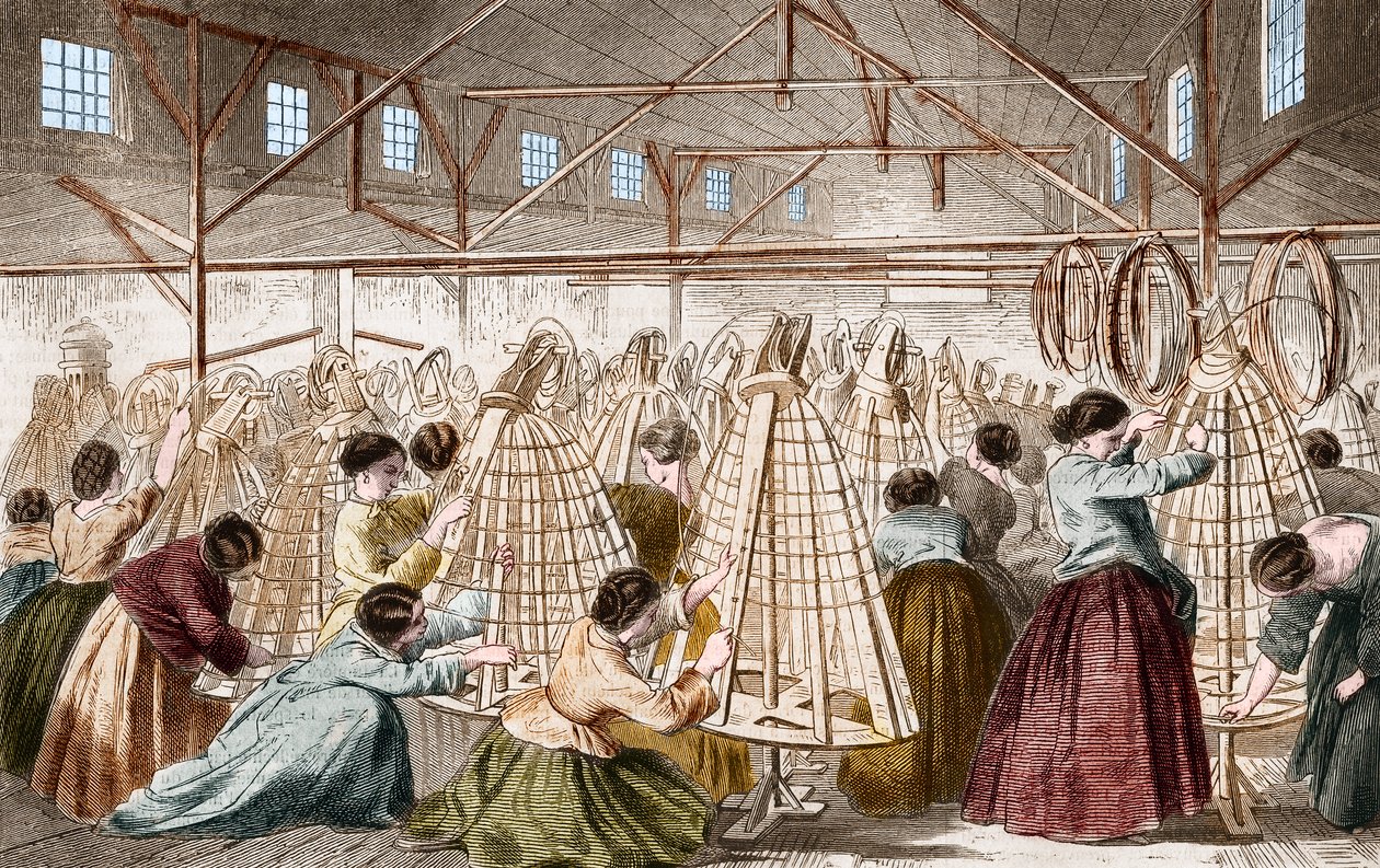 Usines de crinoline : pose des cerceaux. Gravure de 1865. - Unknown artist
