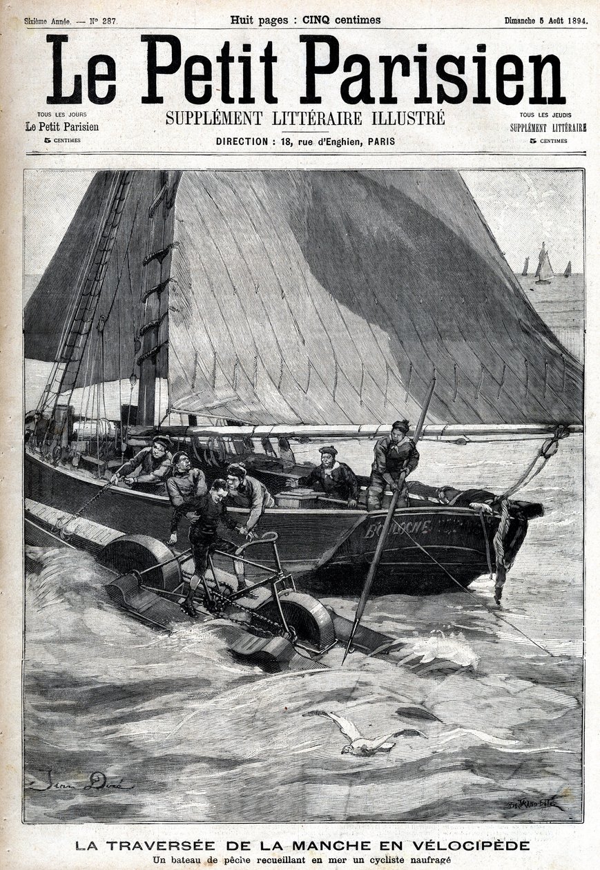 Traversée de la Manche en vélocipède : un bateau de pêche recueille Georges Pinkert en mer qui avait parié de traverser la Manche avec le vélocipède aquatique qu