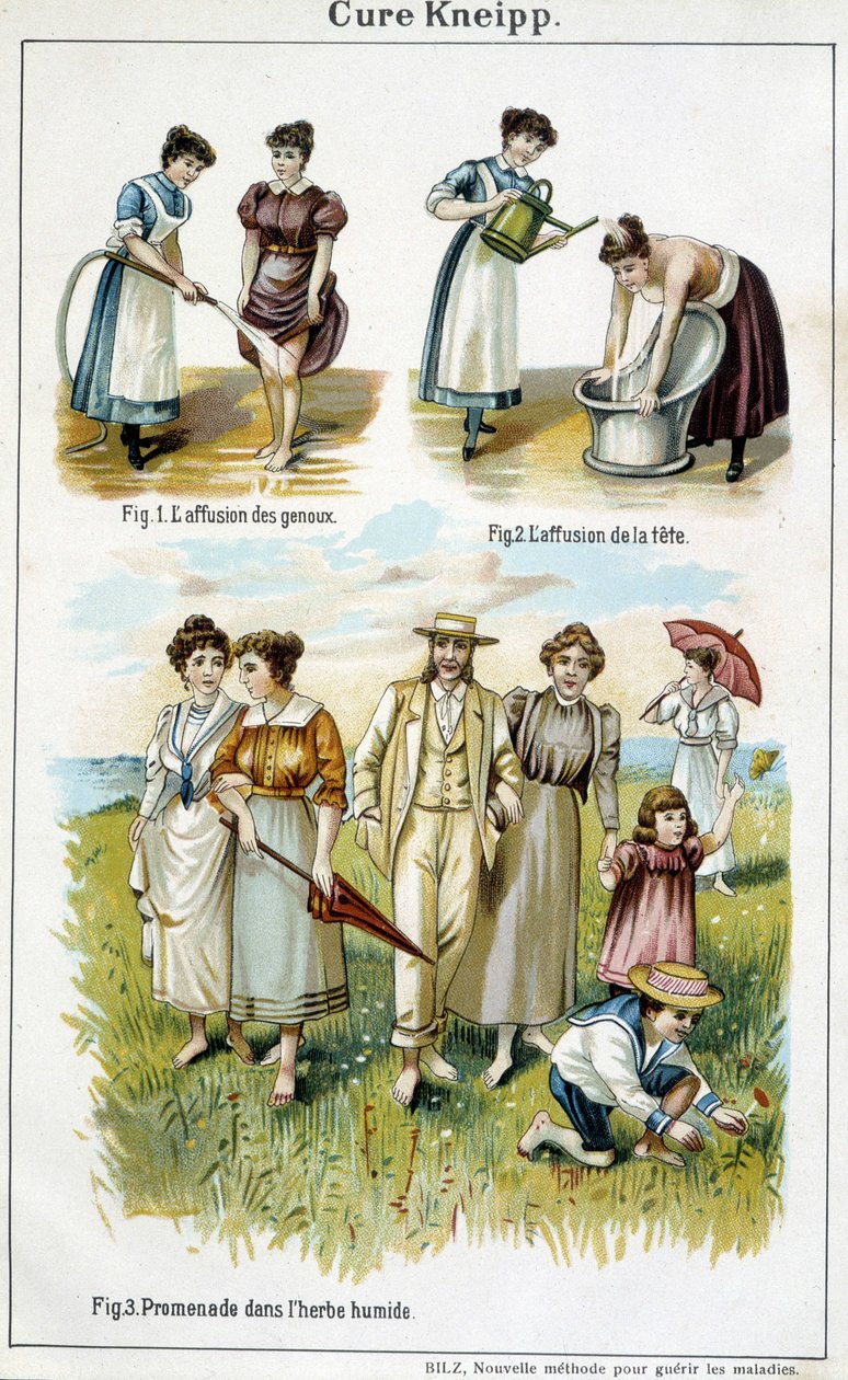 Cure Kneipp : affusion des genoux, affusion de la tête, marche dans l