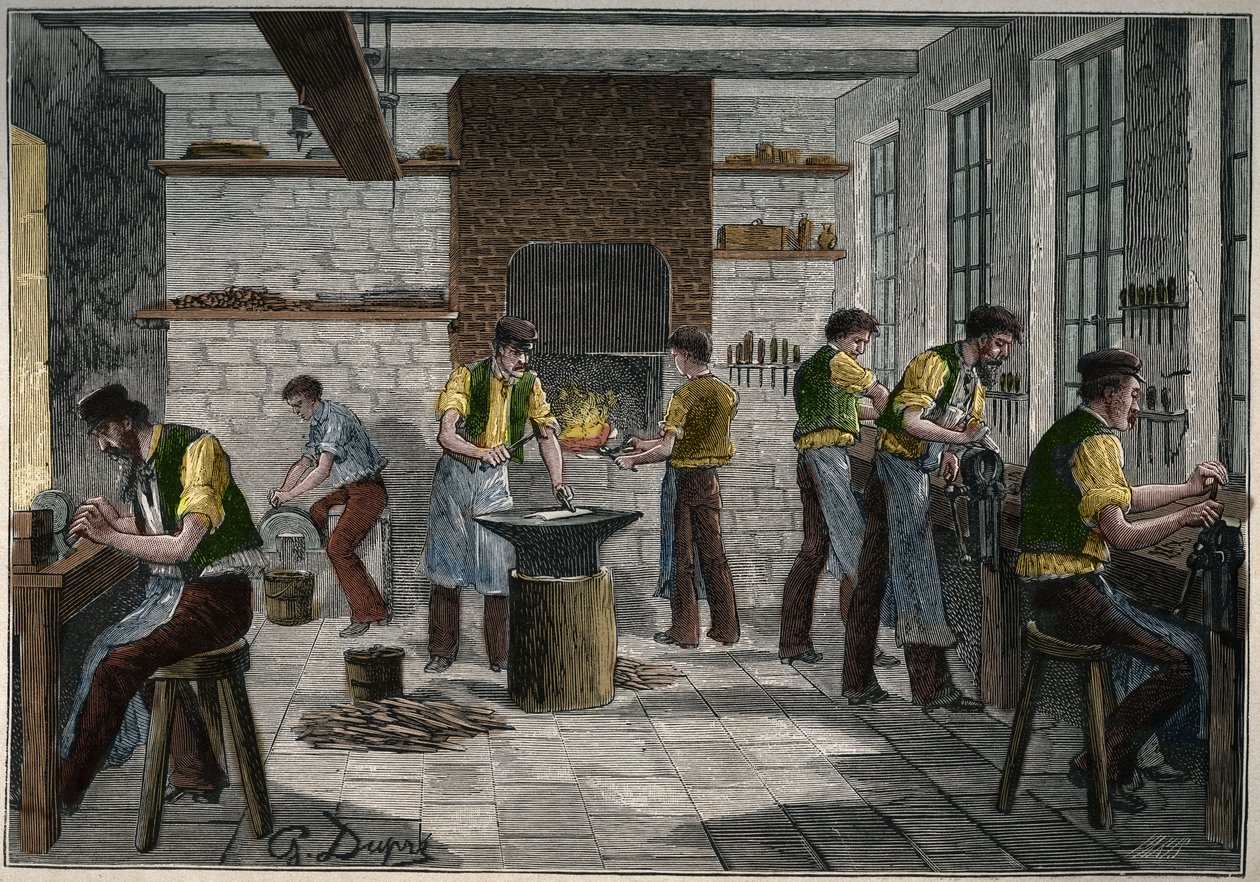 Atelier de coutellerie en France au XIXe siècle. Gravure de 1885 dans « Les arts et métiers illustrés » par Adolphe Bitard. - Unknown artist