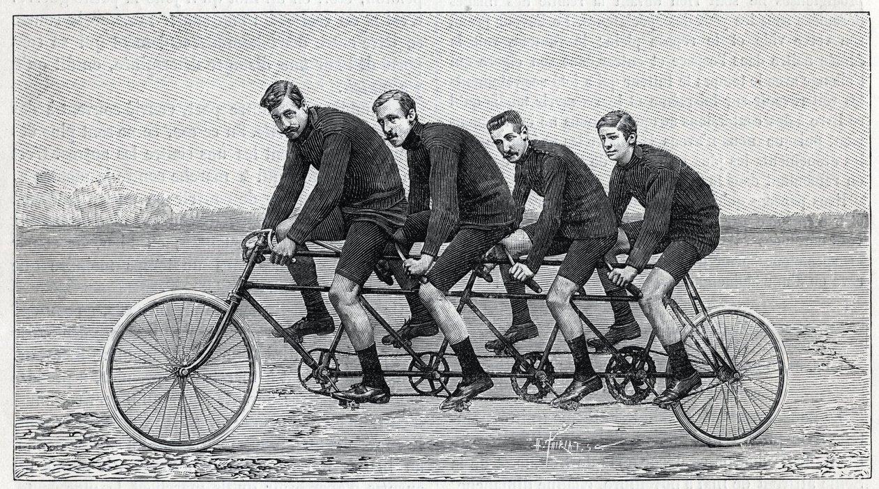 Cycliste sur une bicyclette appelée « quadruplette gladiator ». Gravure dans « La Nature » - Unknown artist