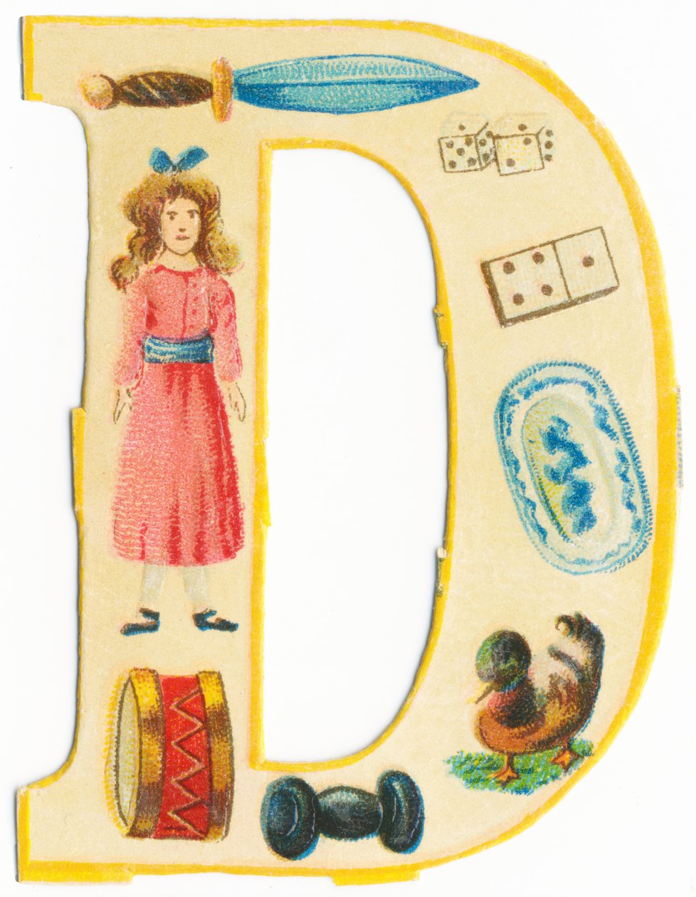 D : dague, poupée, dés, domino, tambour, plat, haltère, canard - Unknown artist