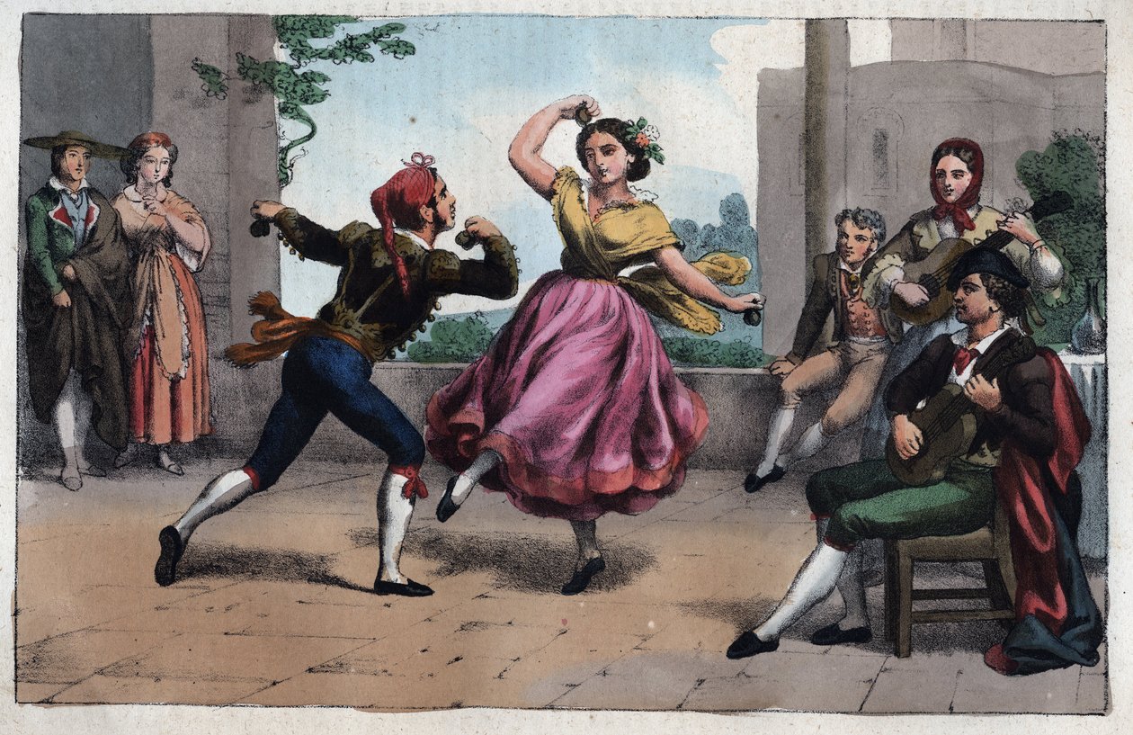 Danse du boléro et costumes de Grenade - gravure de "Usi e Costumi di Tutti i Popoli dell