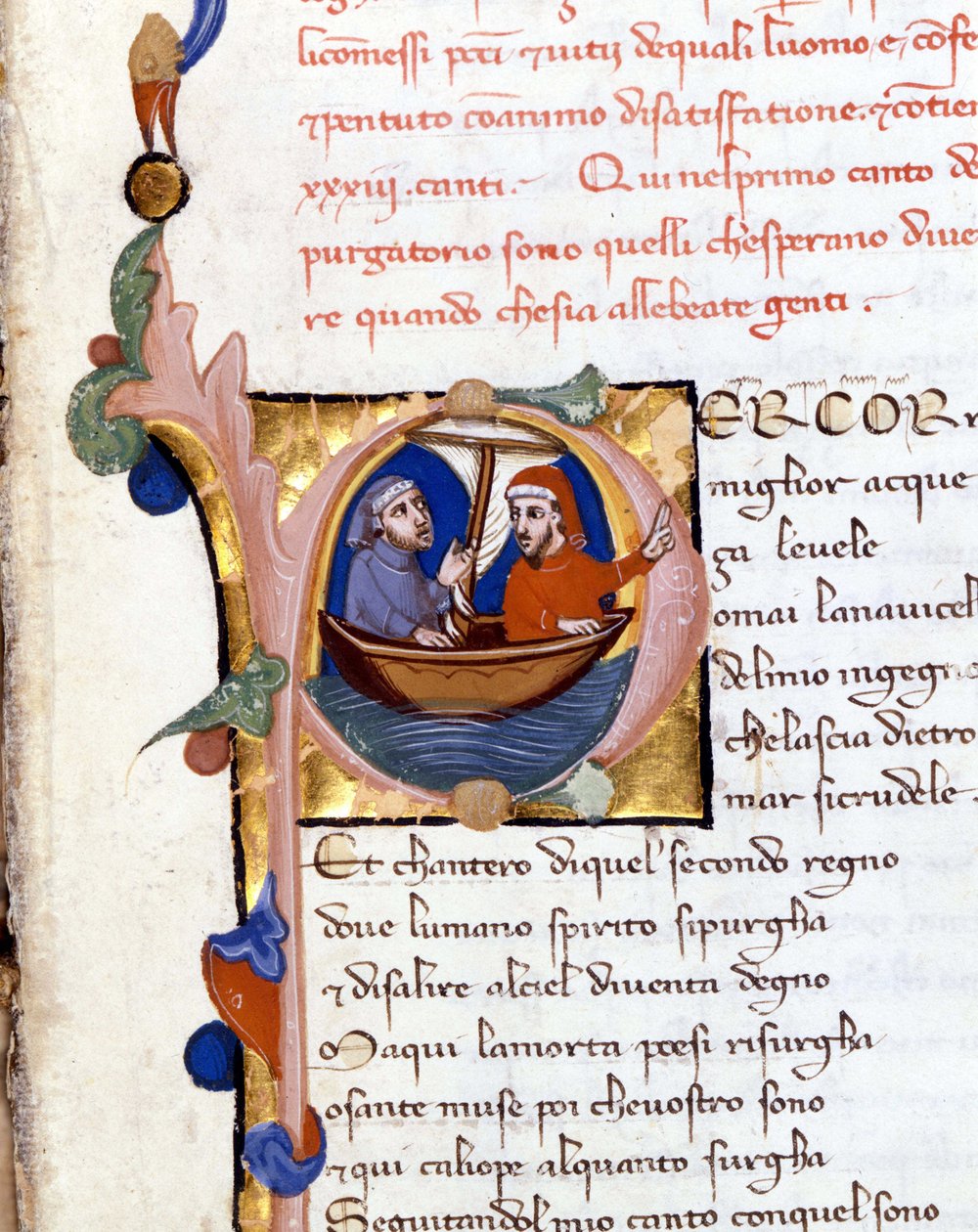 Dante Alighieri : Divina Commedia (Divine Comédie) incipit du Purgatoire. Dante et Virgile. manuscrit du 14e siècle. Milan bibl. Trivulziana - Unknown artist