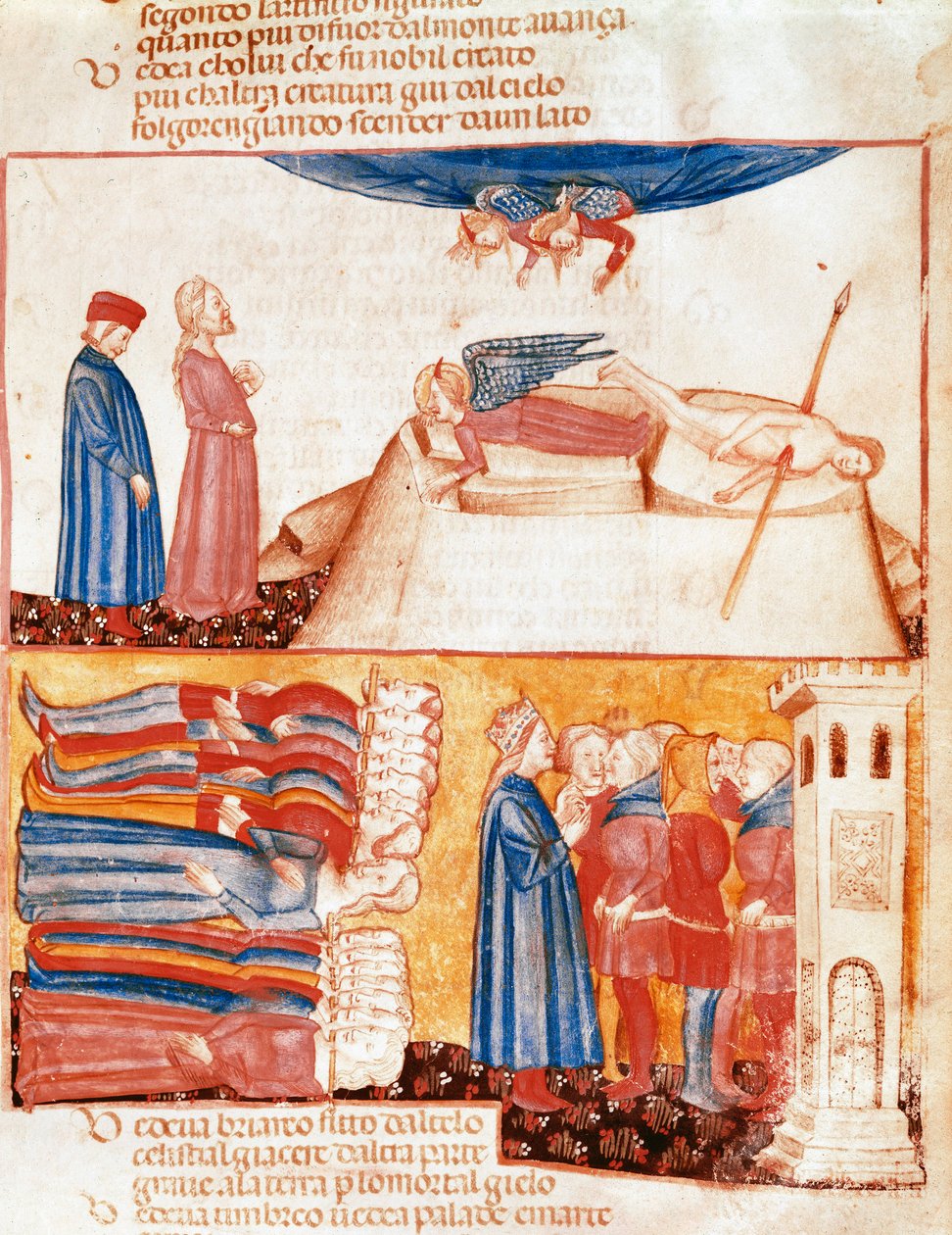 Dante et Virgile rencontrent les âmes des morts violentes. Page enluminée illustrant un chant de l