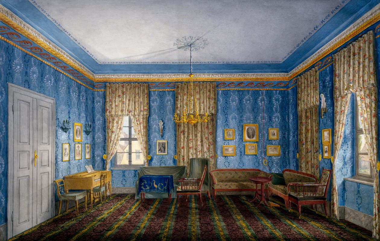 Salle de jour avec papier peint bleu et guirlandes - Unknown artist