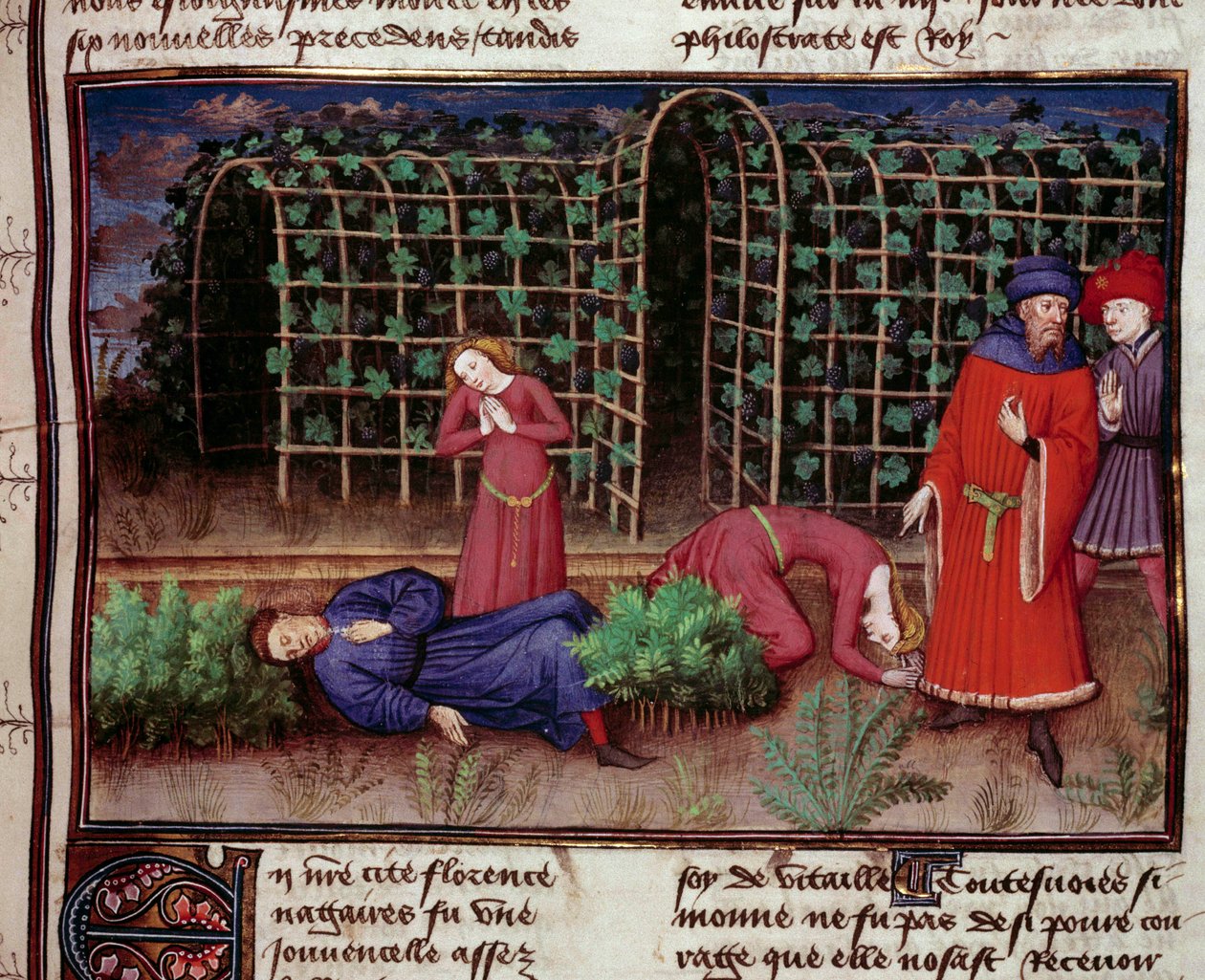 La Mort. Deux personnes tuées par la mort. Miniature du "Décaméron" par Jean Boccace 1450. Paris, Bibliothèque de l
