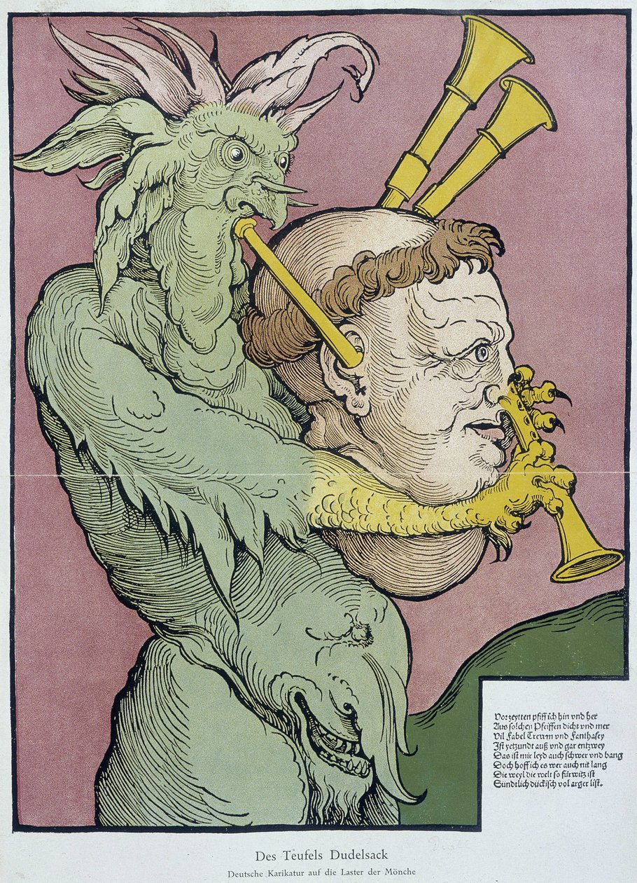 Diable jouant de la cornemuse avec une tête de moine - gravure - Unknown artist
