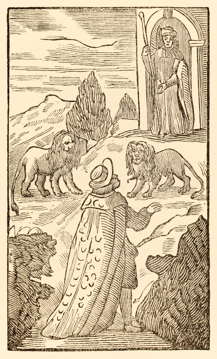 La difficulté est derrière, la peur est devant de The Pilgrims Progress From This World, To That Which Is To Come par John Bunyan (1628-1688) Le chrétien passe entre les lions tandis que le portier vigilant observe - Unknown