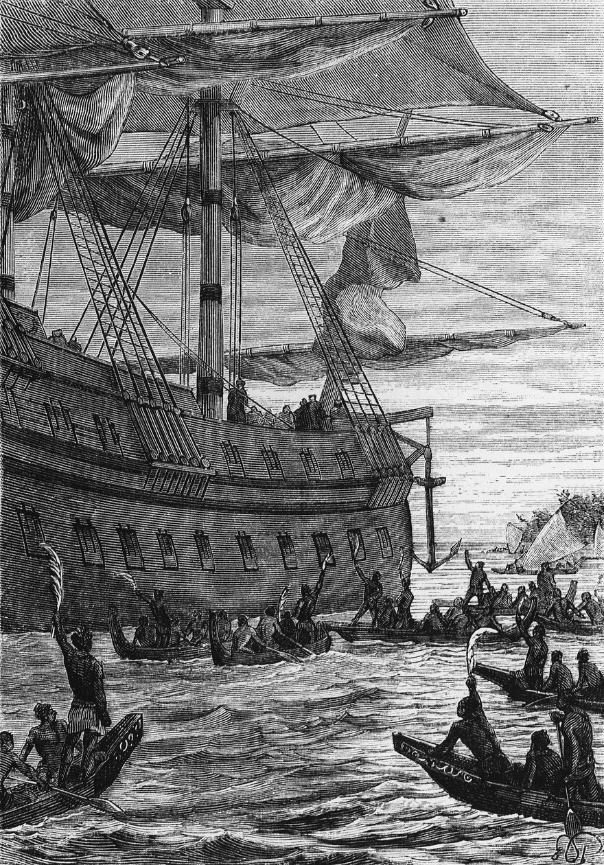 Découverte des Indes : voyage de Wallis dans le Pacifique ; Peuples autochtones allant à la rencontre des colons, dans « Les Voyageurs du 18ème et 19ème siècle », par Jules Verne, éd. Hetzel et Cie, Paris. - Unknown artist