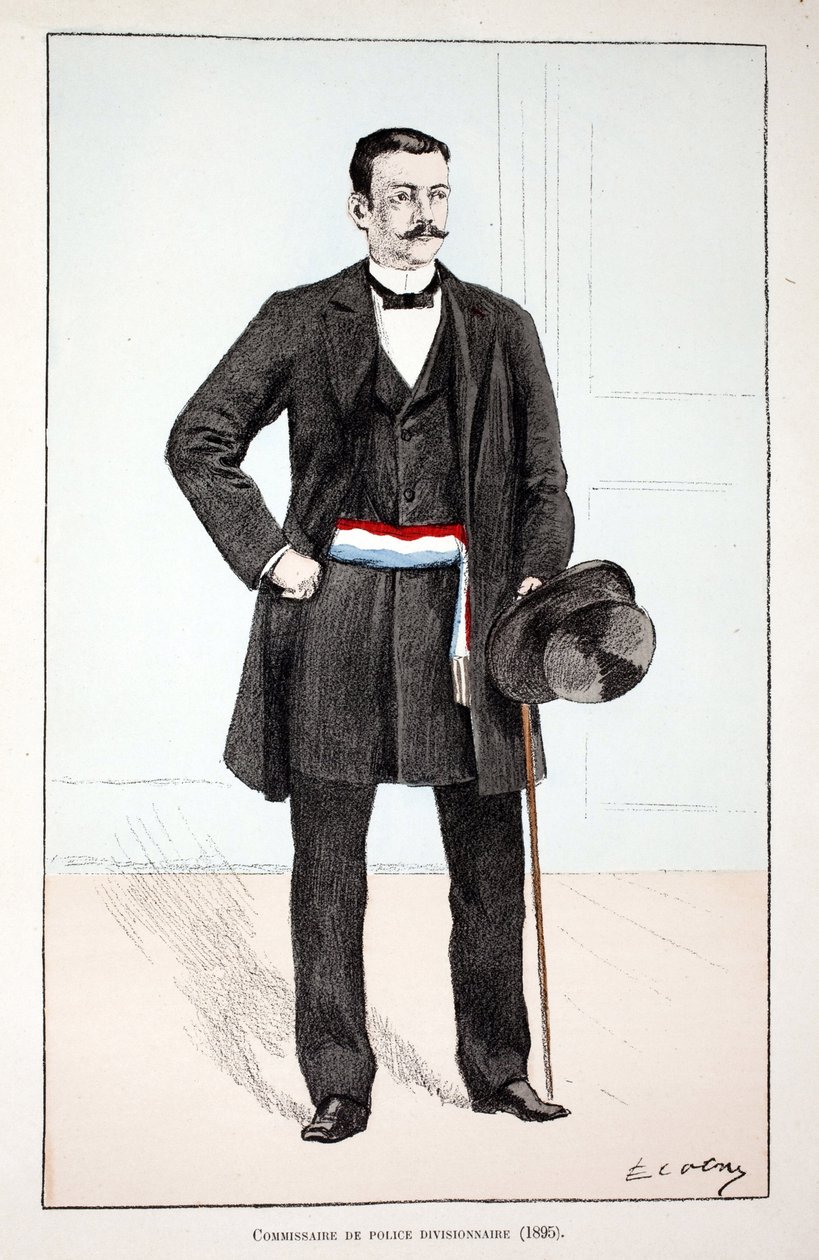Commissaire de police divisionnaire (1896). Eau-forte en couleurs, pour illustration Histoire du corps des gardiens de la paix, livre publié sous les auspices de Louis Lépine (1846-1933) préfet de police de la Seine, par Alfred Rey (1864-?) et Louis Féron - Unknown artist