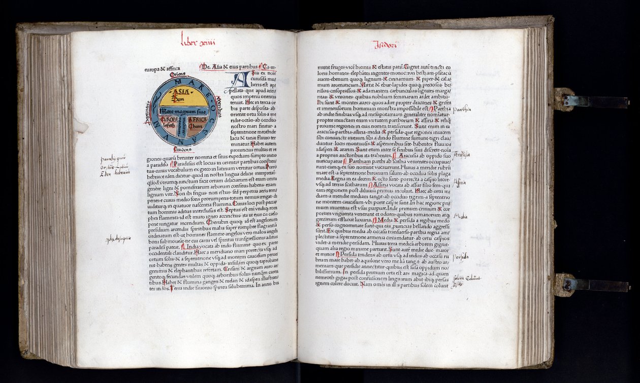 Double page avec la carte schématique du monde sur le modèle T-O, trois continents sont représentés (Asie, Afrique et Europe). Manuscrit « Ethymologies » (Etymologiae) d