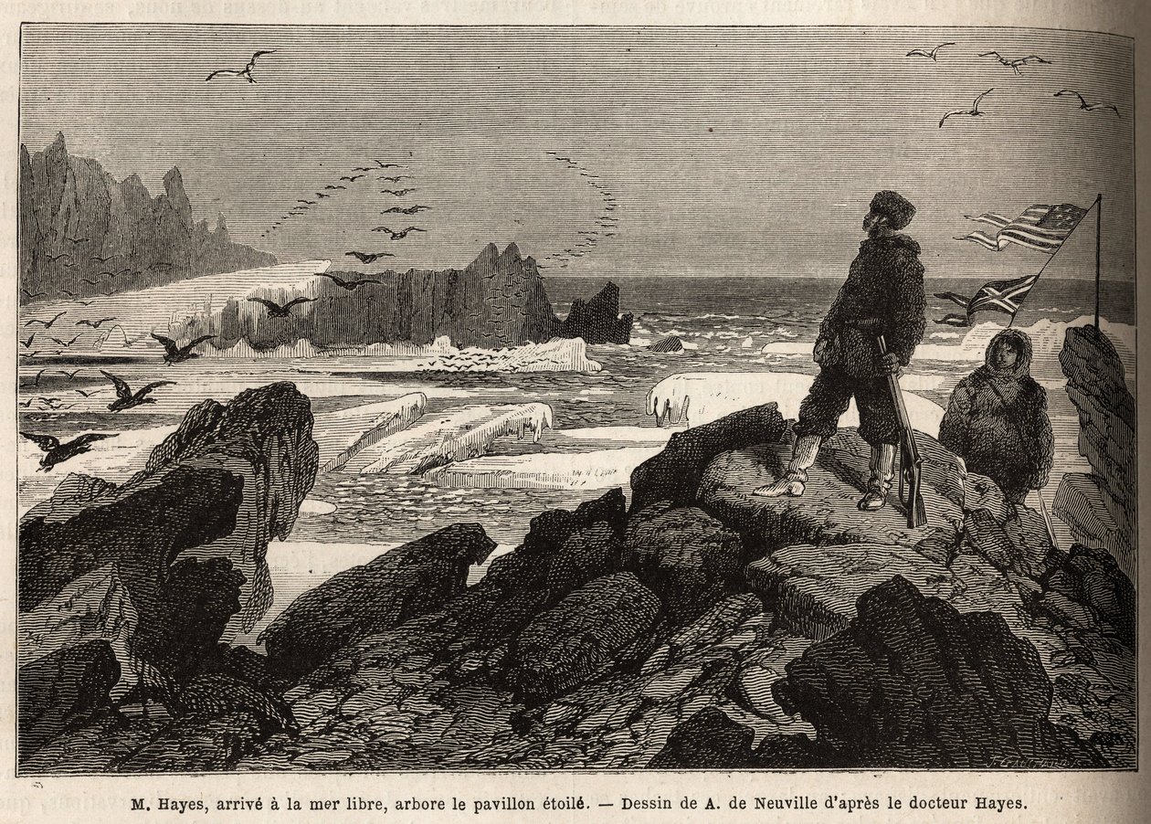 Le Dr Hayes, arrive à la mer libre du pôle Arctique, le but de son expédition, plante la bannière étoilée américaine. Gravure pour illustrer le voyage vers la mer libre du pôle Arctique, par le Docteur Hayes, chirurgien de la Marine des États-Unis, en 1860 - Unknown artist
