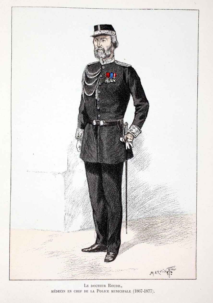 Dr Roudil, médecin-chef de la police municipale (1867-1877). Eau-forte en couleurs, pour illustration "Histoire du corps des gardiens de la paix" livre publié sous les auspices de Louis Lépine (1846-1933) préfet de police de la Seine, par Alfred Rey (1864- - Unknown artist