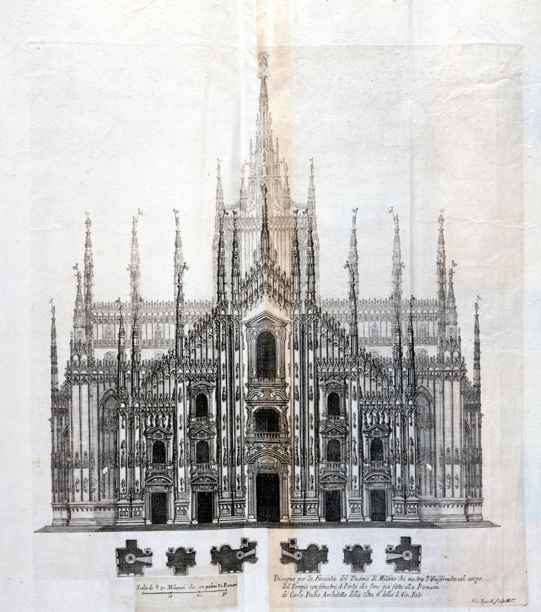 Dessin de la façade du Duomo de Milan montrant son uniformité avec le corps du bâtiment. De nombreux projets architecturaux ont été conçus autour du 17e siècle pour compléter la façade restée inachevée. - Unknown artist