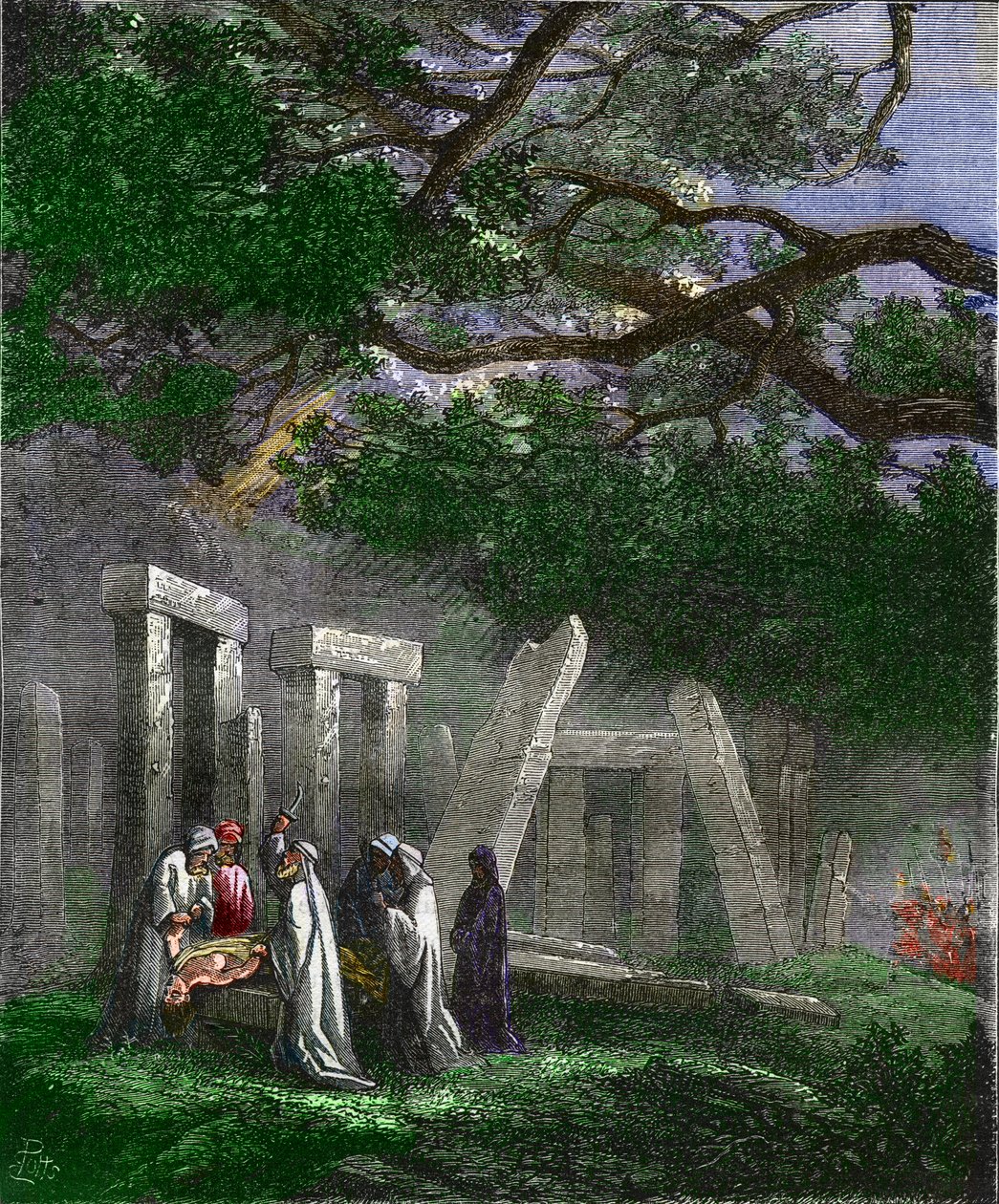 Sacrifice humain par les druides à Stonehenge arrêté par les soldats romains - Gravure en couleur du 19ème siècle - Unknown artist