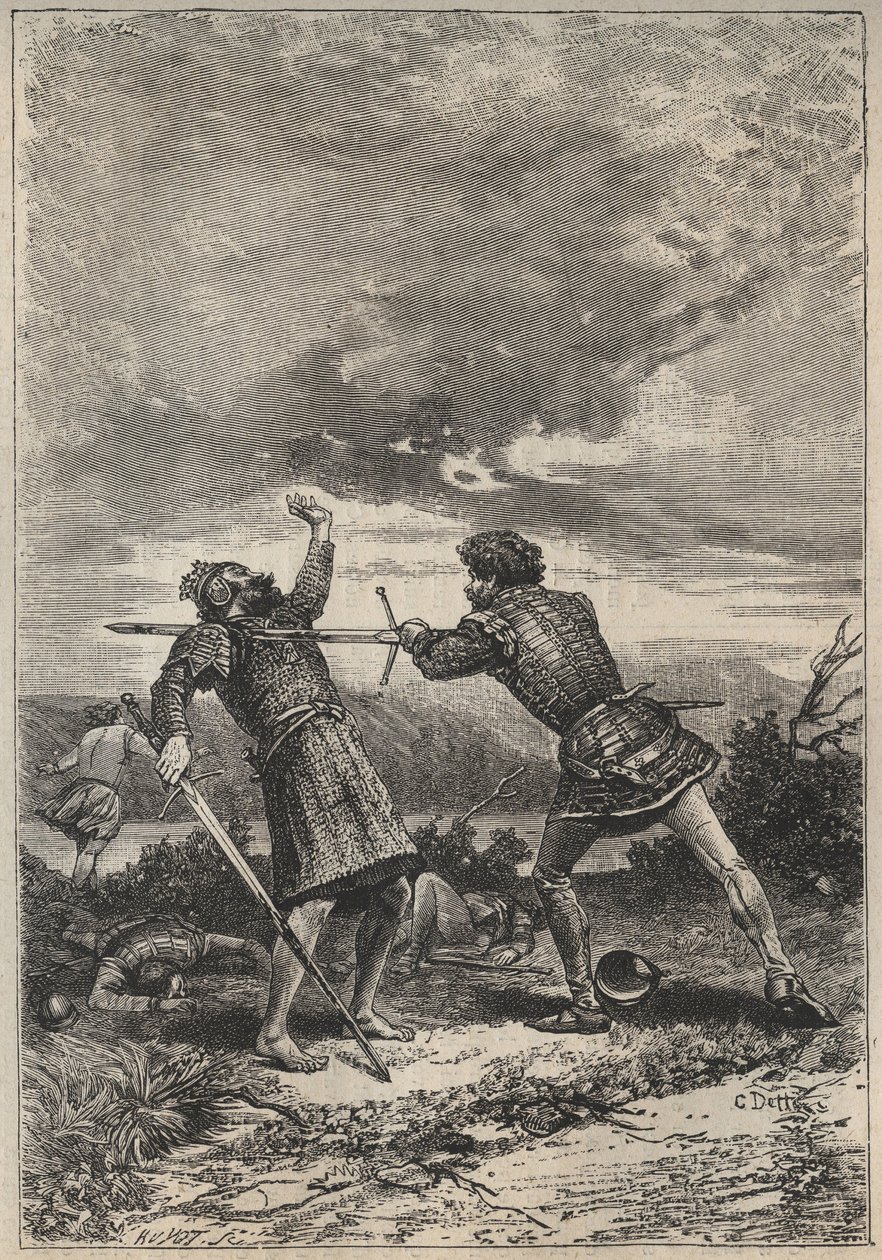 Duel et mort de Oak Torquil - illustration du 19ème siècle pour le roman historique « La Jolie Fille de Perth ou la Saint-Valentin » de Walter Scott (1771-1832) - Unknown artist