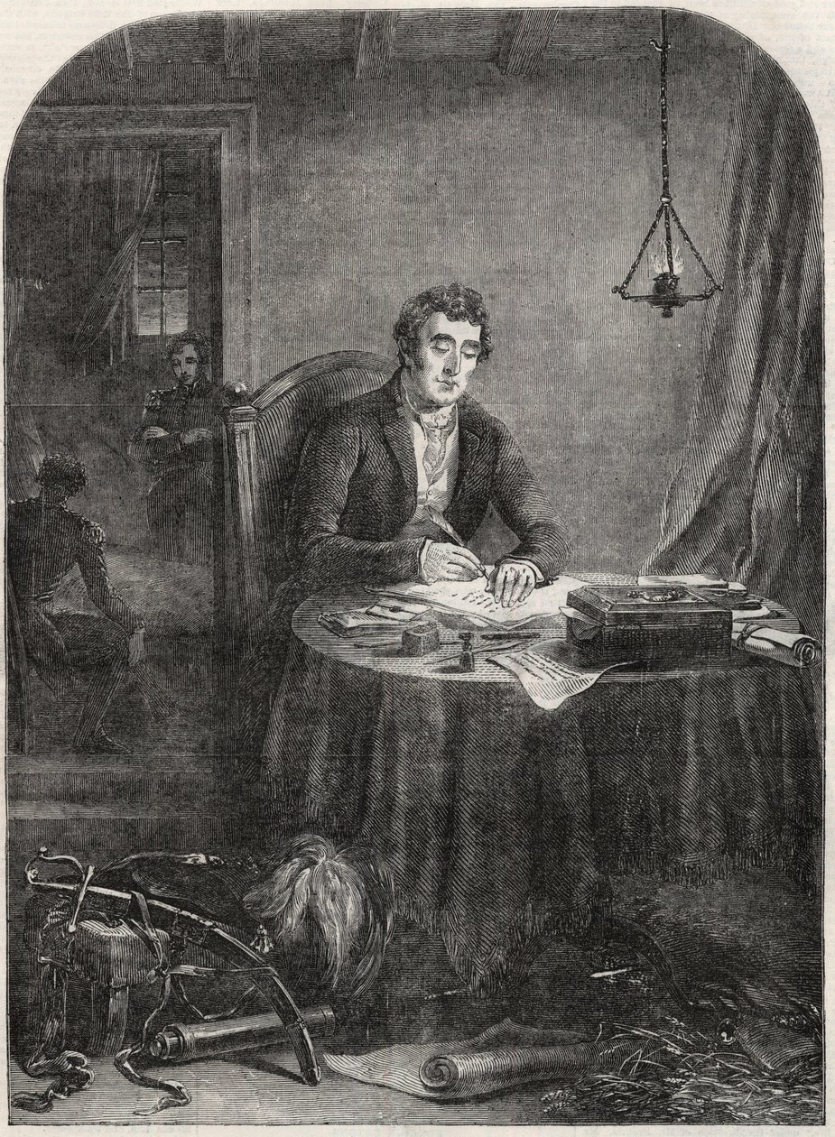 Le duc de Wellington (Arthur Wellesley (1769-1852)) écrivant une dépêche après Waterloo, 19 juin 1815 - gravure de 1852 - Unknown artist