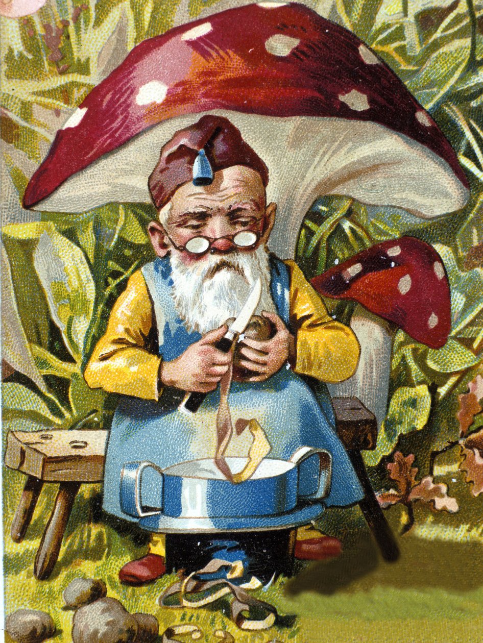 Nain ou farfadet éplucheur de pommes de terre. Chromolithographie du XIXe siècle. - Unknown artist
