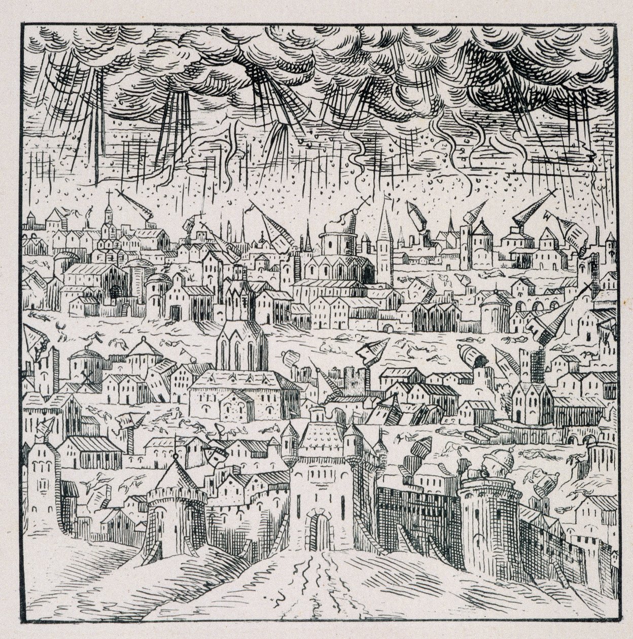 Tremblement de terre à Baden - dans "Recueil de 39 figures représentant les calamités de la France de 1562 à 1586"; imprimerie Louis Perrin - Unknown artist