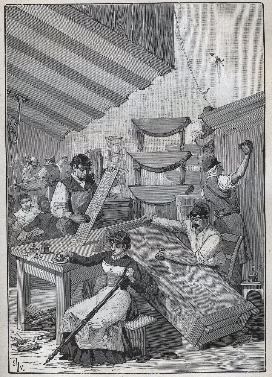 Ébénisterie : atelier de vernissage au tampon. Gravure de 1885 dans « Les arts et métiers illustrés » par Adolphe Bitard. - Unknown artist