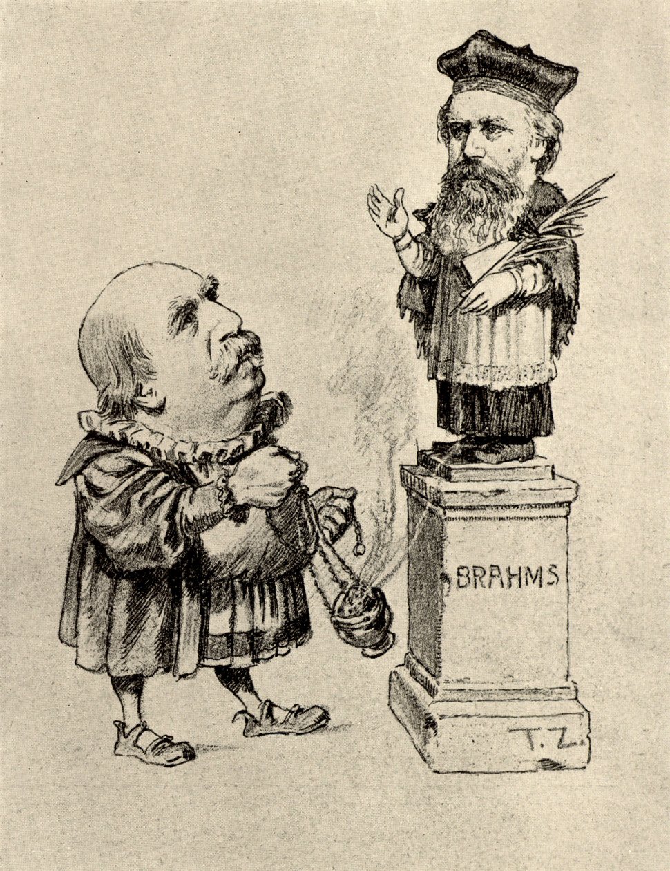 Eduard Hanslick (1825-1904) critique musical autrichien, vénérant Brahms sur un piédestal - Unknown artist