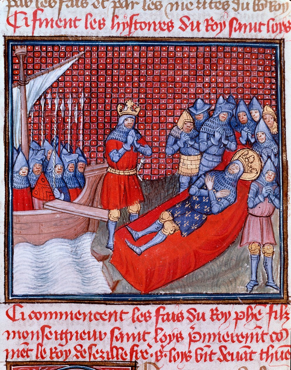 Huitième croisade : "La mort de Saint Louis à Tunis le 25 août 1270". Miniature tirée de "Les grandes Chroniques de France" de Jean Froissart (1337-1400) 15ème siècle Chantilly, Musée Condé - Unknown artist