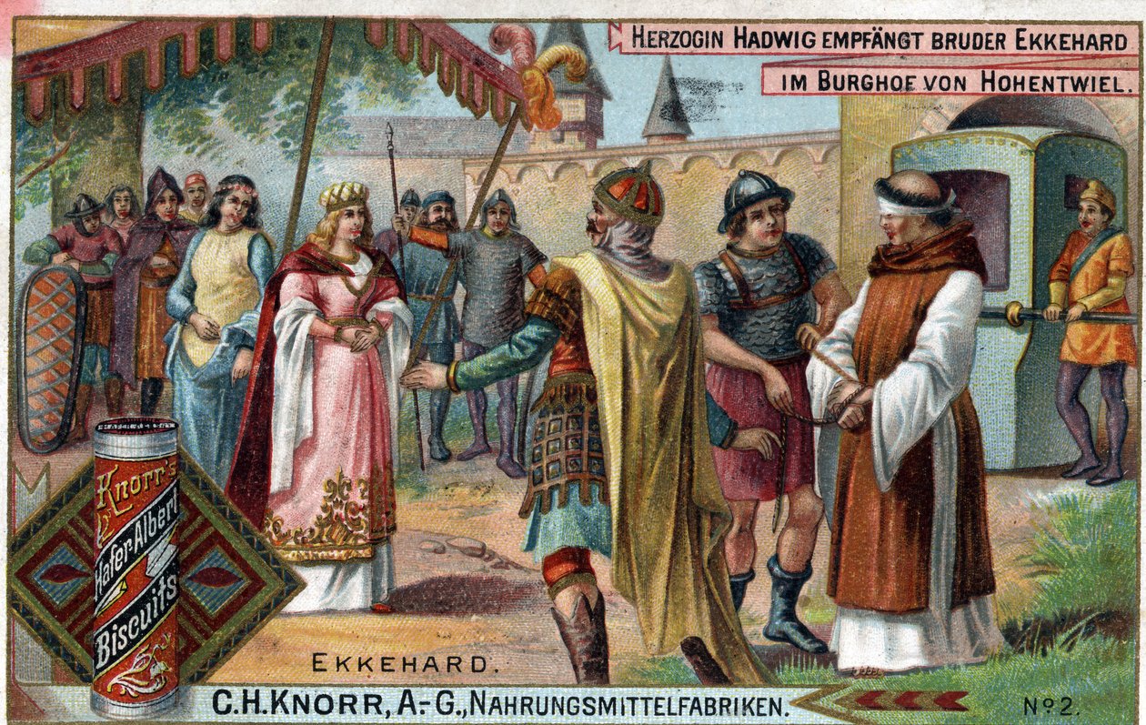 Ekkehard IV de Saint-Gall ou Eckhard, Eckhart (980-1057) érudit et poète latin. La duchesse Hadwig reçoit le frère Ekkehard dans la cour du château de Hohentwiel. Verso : « Frère Ekkehard, que la duchesse a chargé de son château » - Unknown artist
