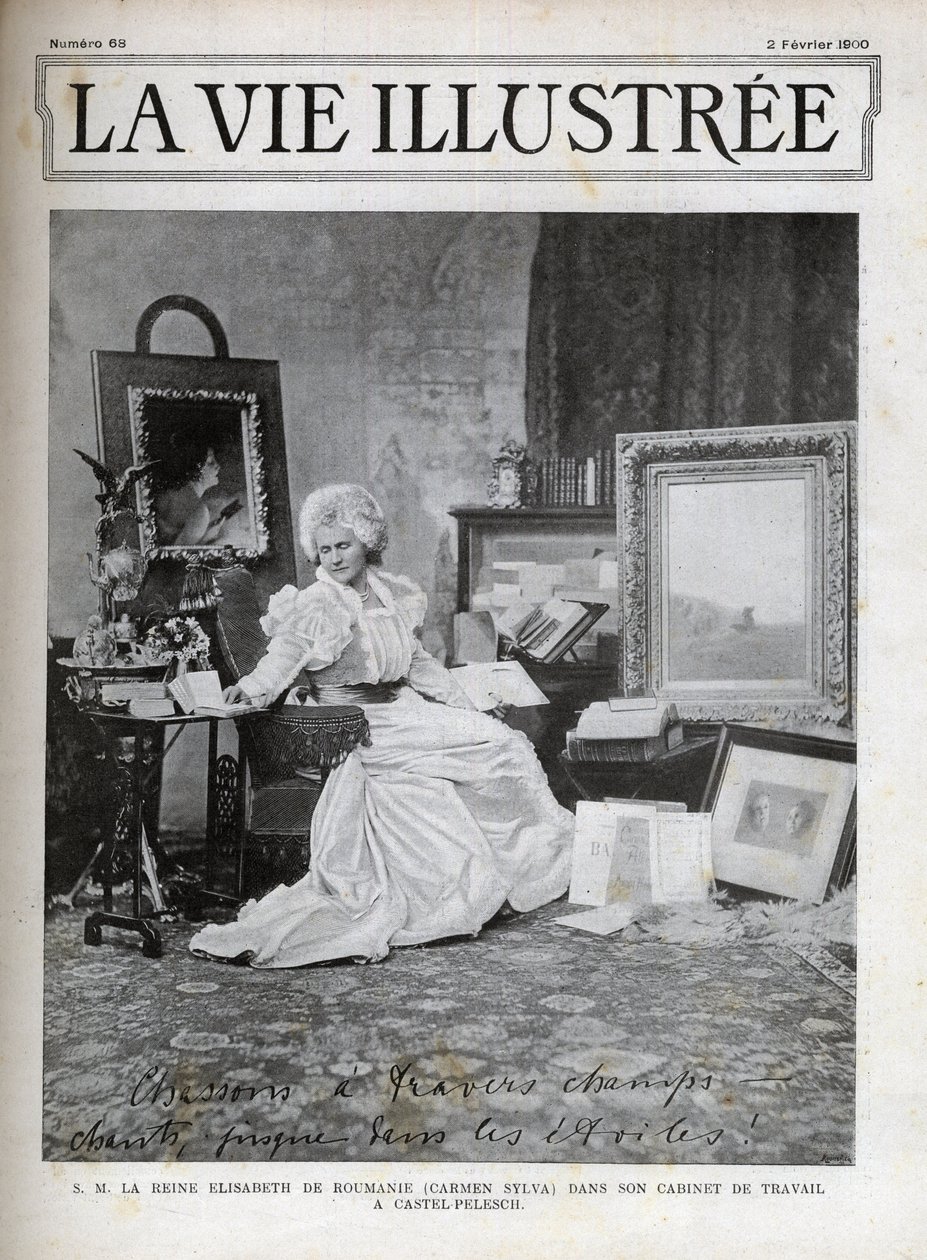 Élisabeth de Wied reine consort de Roumanie 1843-1916 - Élisabeth de Wied - Élisabeth Pauline Ottilie Louise de Wied (connue sous le nom de plume de Carmen Sylva), dans son bureau au Castel Pelesch - couverture de la vie illustrée de 1900 - Unknown artist
